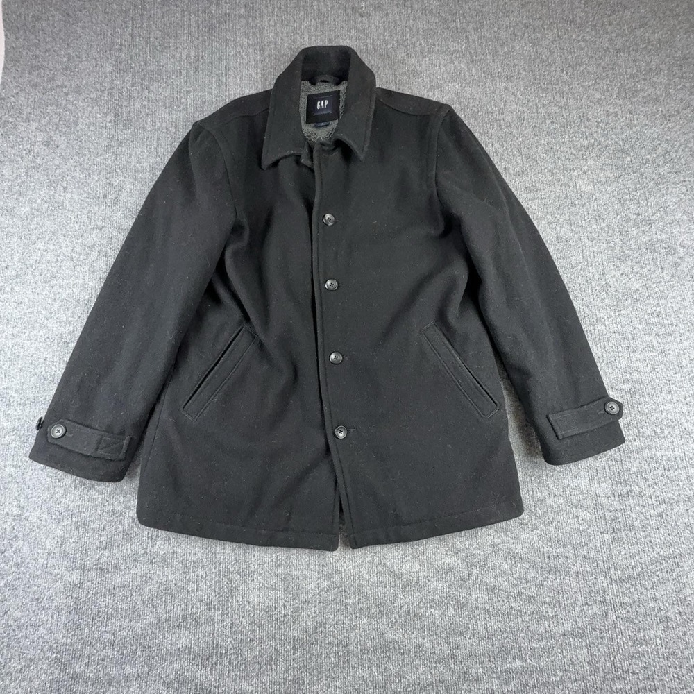 Gap Coat Mens Medium Black Wool Fleece Lined Button Front Mid Length Overcoat